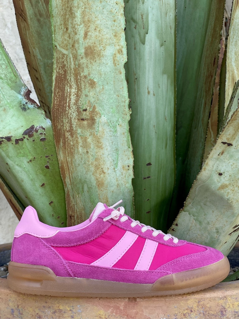 Hot fuchsia + light pink 2-tone, dual pink side stripes, gum sole, agave backdrop