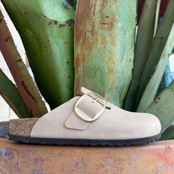  Women's sandcastle suede Birkenstock Boston Big Buckle closed-toe clog, side profile showing adjustable strap with gold snap and embossed Birkenstock logo on upper — Blair's Western Wear Marble Falls TX