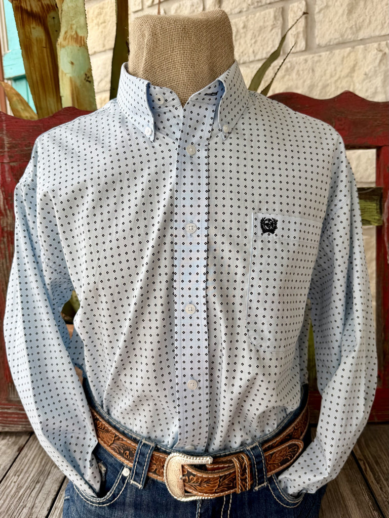 Men's Cinch light blue and black long sleeve print button-up shirt — Blair's Western Wear Marble Falls TX