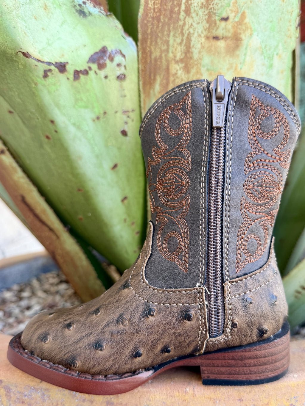 Kids' Chocolate Faux-Ostrich Square Toe Western Boots