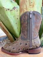 Kids' Chocolate Faux-Ostrich Square Toe Western Boots