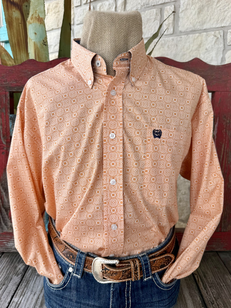 Men's orange and white geometric print long sleeve button-up shirt with point collar and single chest pocket, front view — Blair's Western Wear Marble Falls TX