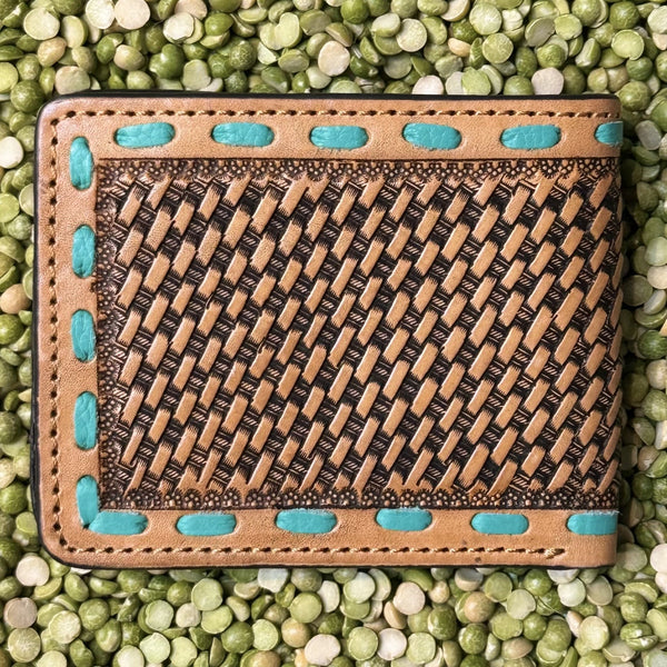 Men's Bifold Floral Tooled Turquoise Overlay Whip Stitch Wallet