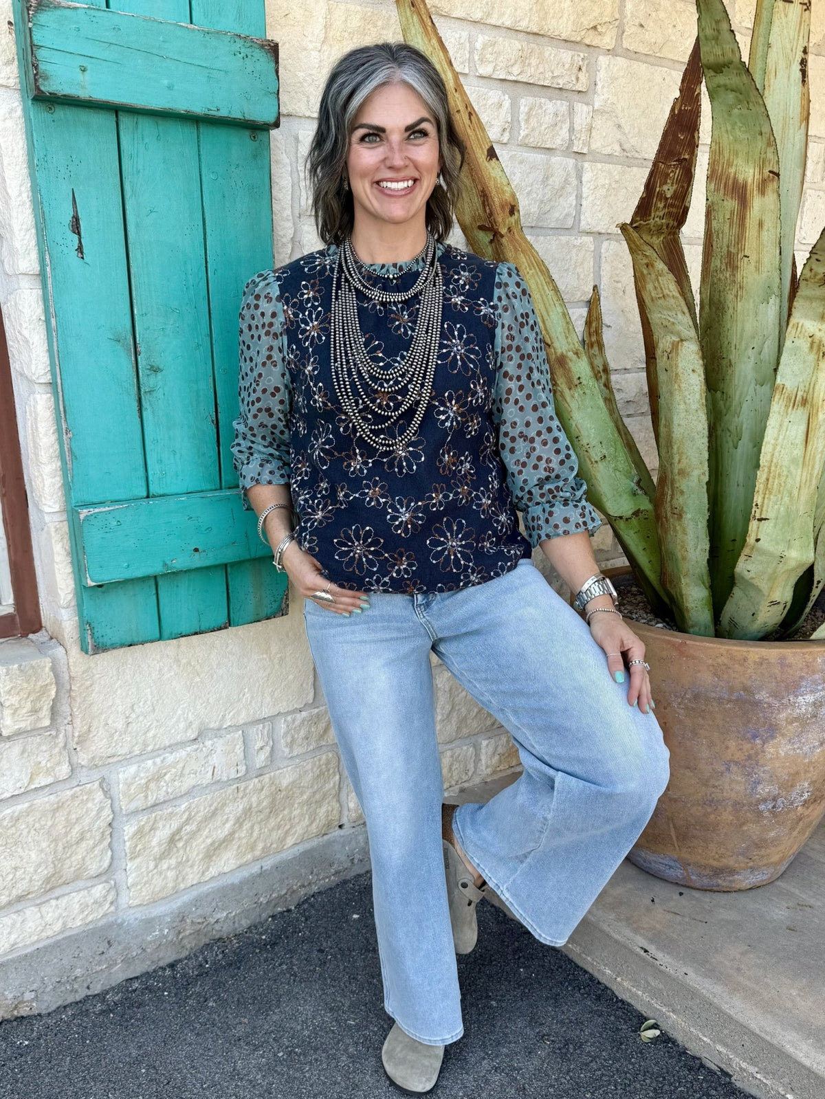 Women's Navy Floral Embroidered Long Sleeve Top