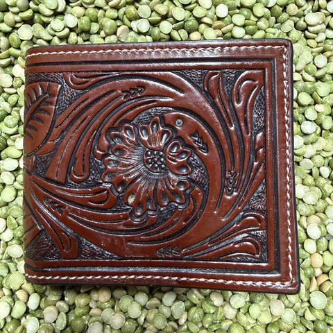 Men's Cognac Floral Tooled Leather Bifold Wallet