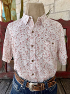 Men's Sendero Desert Flock Rust bird print short sleeve button-down shirt with wood-tone buttons and chest pocket — Blair's Western Wear Marble Falls TX