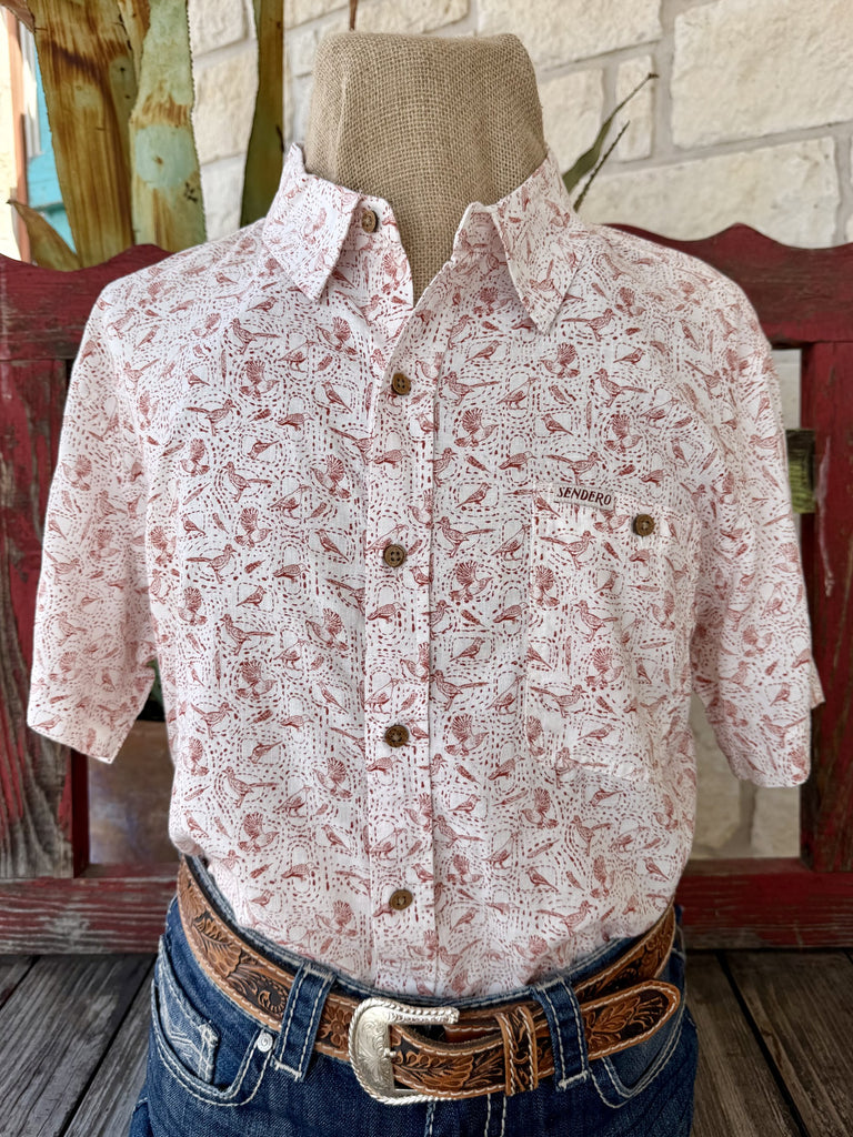 Men's Sendero Desert Flock Rust bird print short sleeve button-down shirt with wood-tone buttons and chest pocket — Blair's Western Wear Marble Falls TX