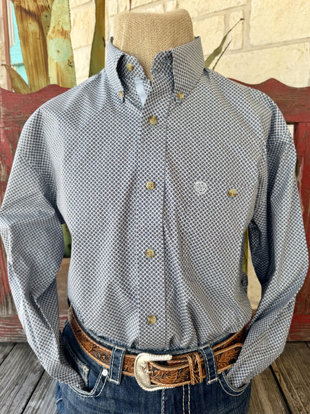 Men's light blue and brown circle print long-sleeve Western shirt — Blair's Western Wear Marble Falls TX