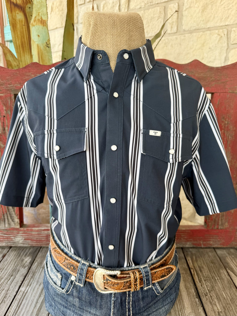 Men's navy and white striped short sleeve western snap shirt with point collar, snap-front placket, and chest pocket — Blair's Western Wear Marble Falls TX