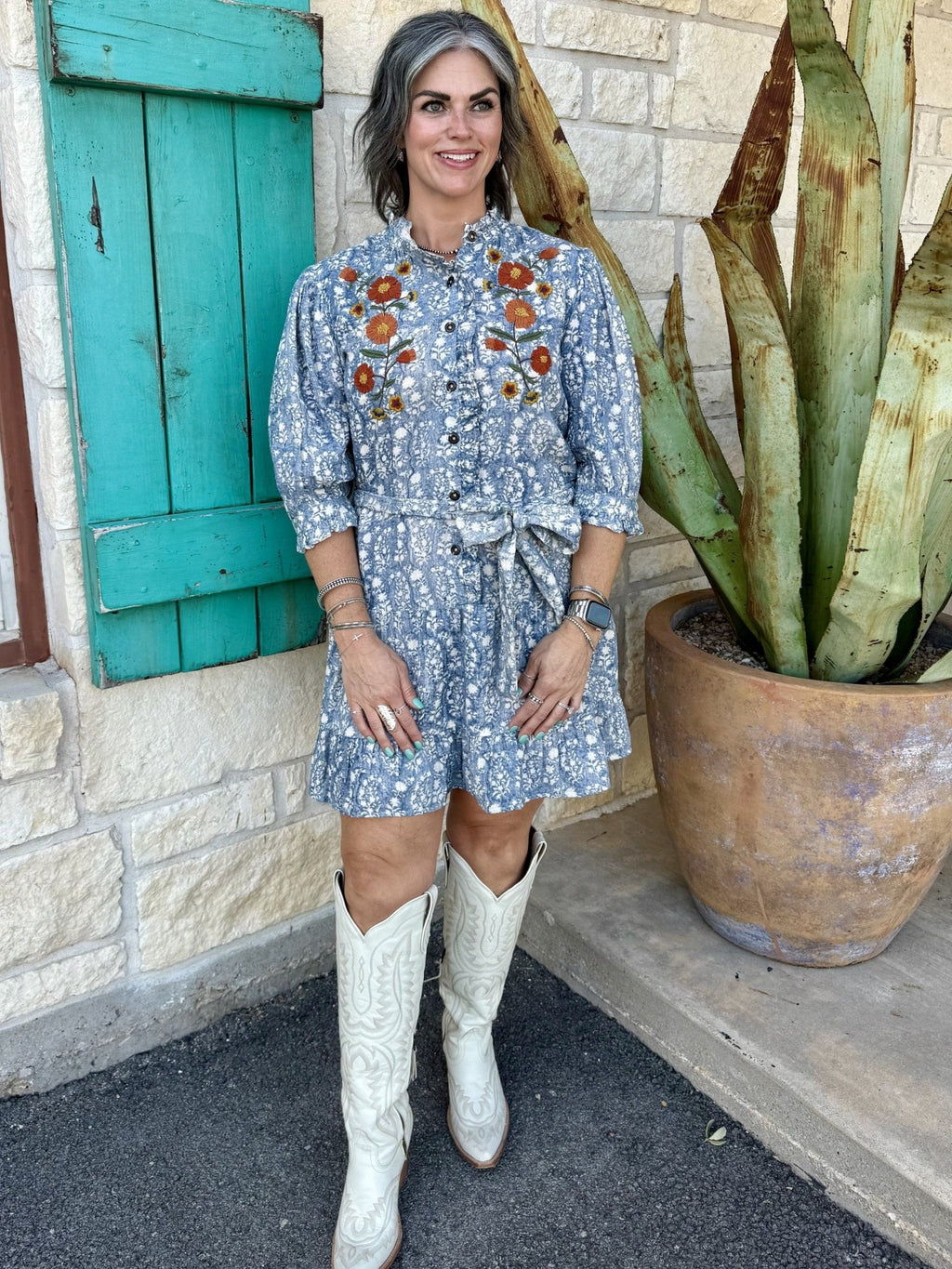 Women's Blue Floral Block Print Embroidered Tiered Shirt Dress