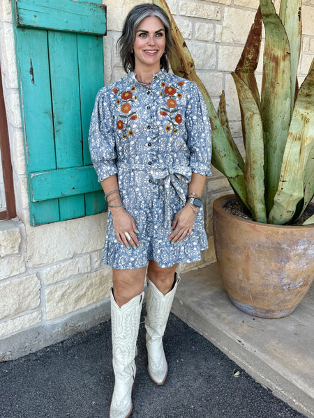 Women's Blue Floral Block Print Embroidered Tiered Shirt Dress