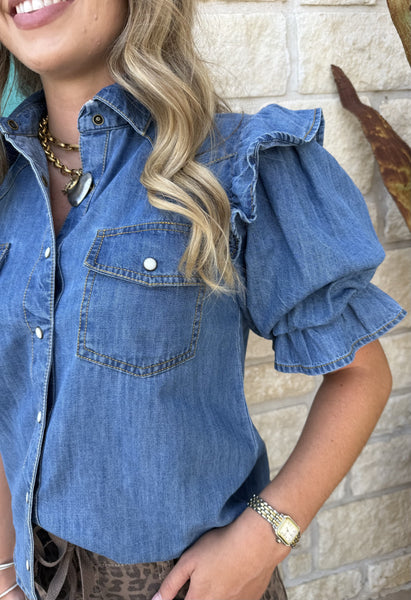 Women's Ivy Jane Short Sleeve Ruffle Denim Button-Down Top