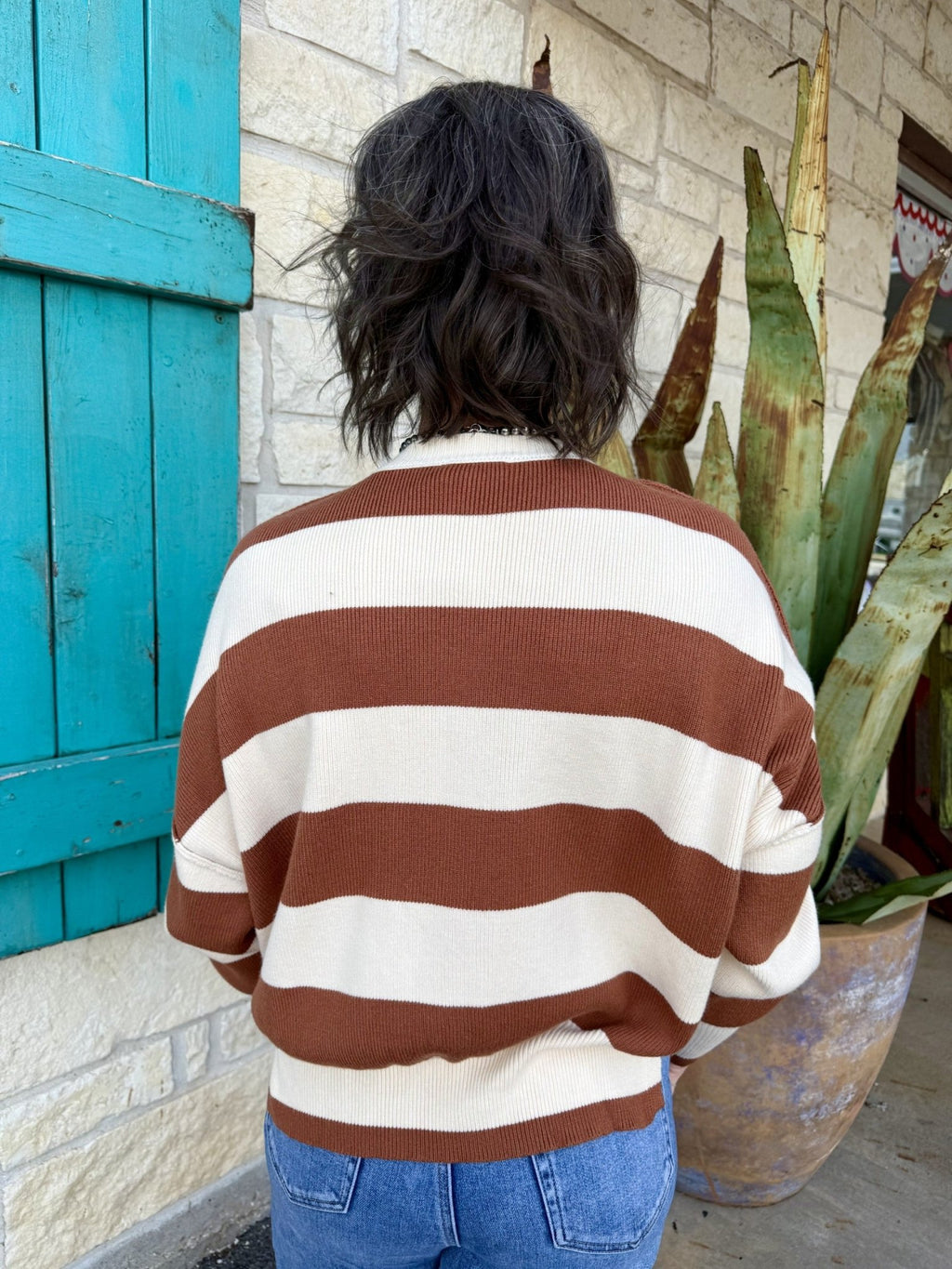 Women's Cream and Brown Striped Ribbed Knit Sweater