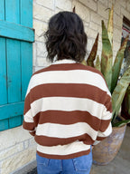 Women's Cream and Brown Striped Ribbed Knit Sweater