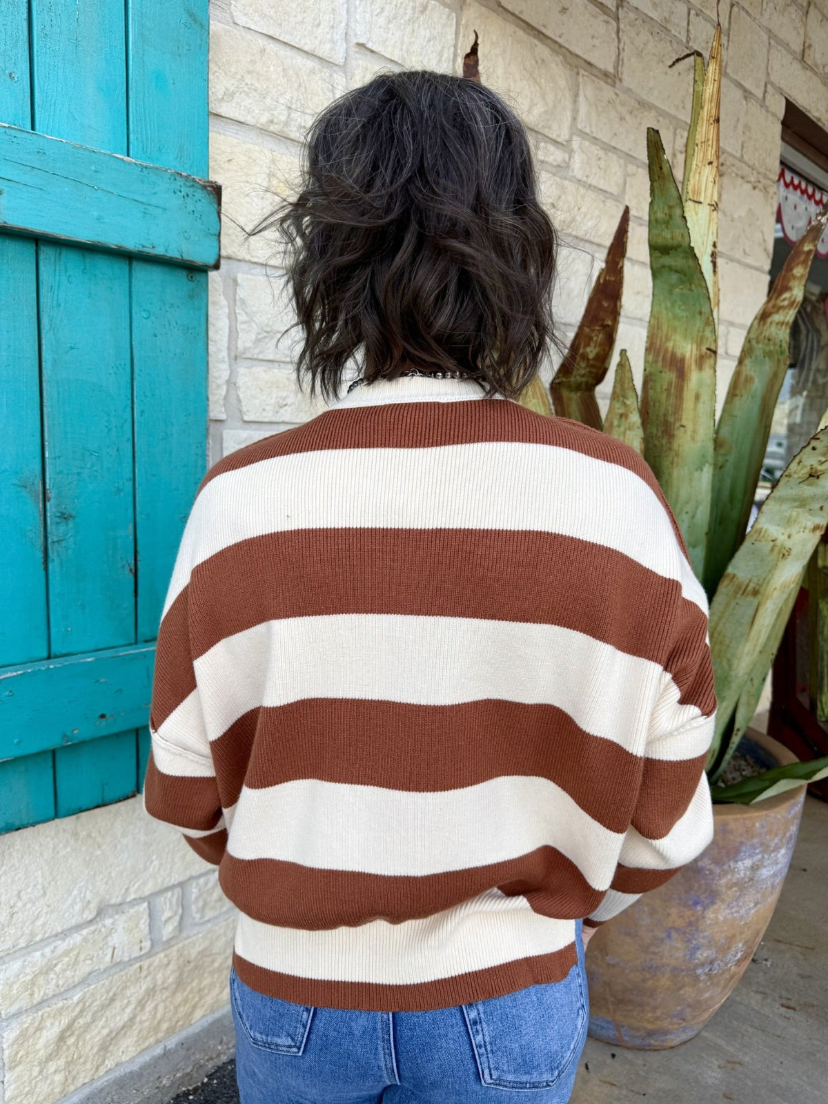 Women's Cream and Brown Striped Ribbed Knit Sweater