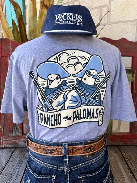 Men's heather gray Two Dove Pancho Palomas short sleeve tee with navy Two Dove two-bird chest logo, front view styled with jeans and tooled leather belt — Blair's Western Wear Marble Falls TX