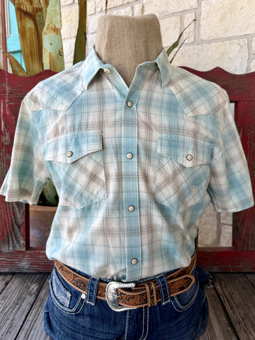 Men's natural and sage plaid snap-front short sleeve Western shirt — Blair's Western Wear Marble Falls TX