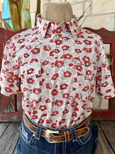 Men's Sendero Blue Brick floral short sleeve western shirt with bold red blooms, blue-gray leaf print, pearl snaps, and dual chest pockets — Blair's Western Wear Marble Falls TX