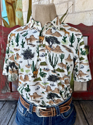 Men's natural green and brown deer print pullover short sleeve shirt — Blair's Western Wear Marble Falls TX