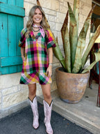Multicolor Plaid V-Neck Short Sleeve Shift Dress