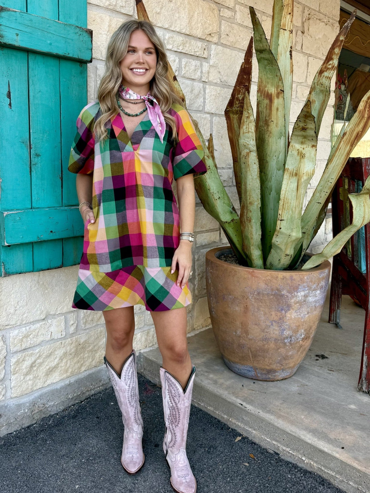 Multicolor Plaid V-Neck Short Sleeve Shift Dress