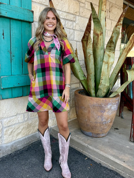 Multicolor Plaid V-Neck Short Sleeve Shift Dress