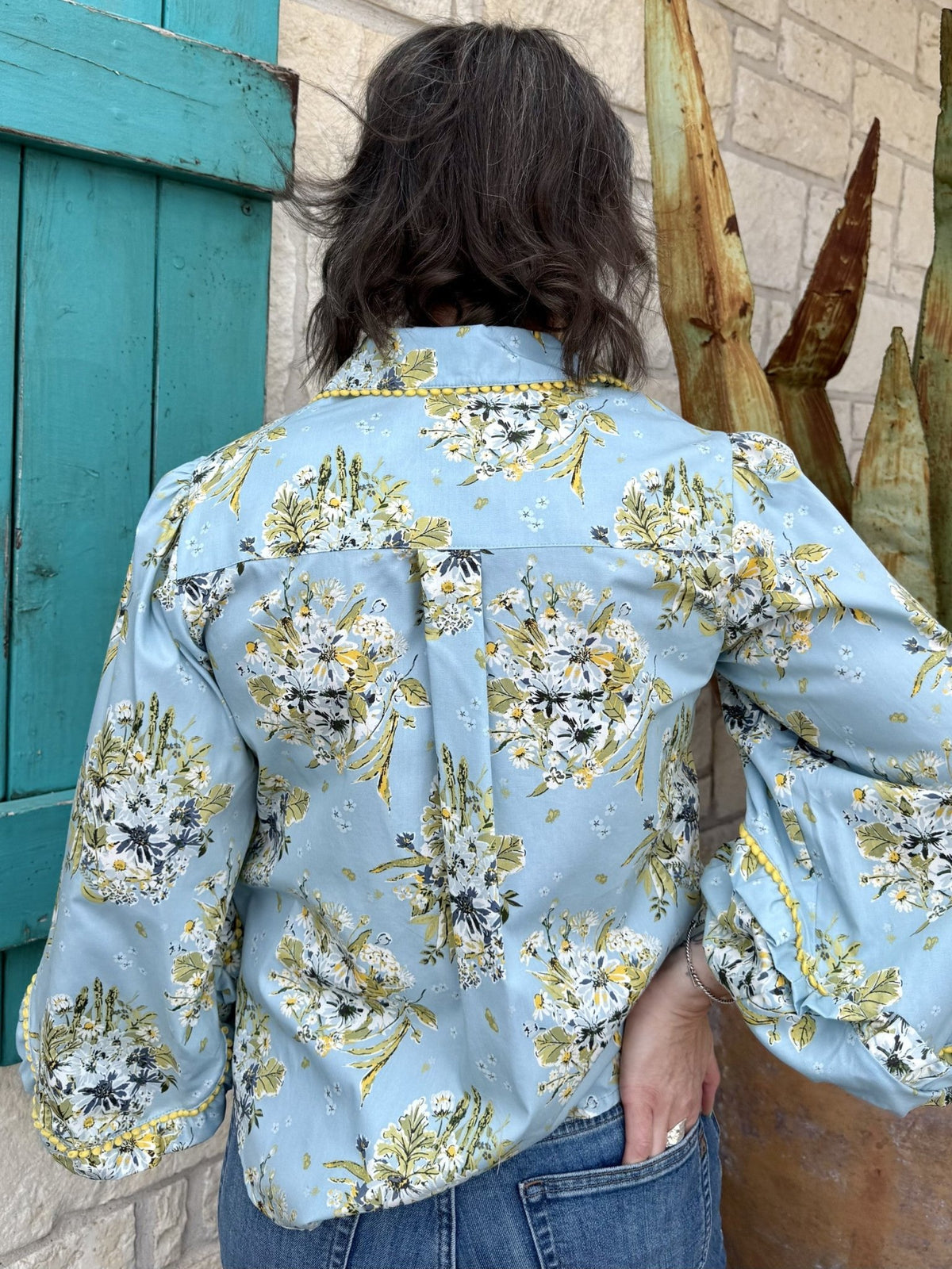 Women's Light Blue Floral Button-Up Blouse