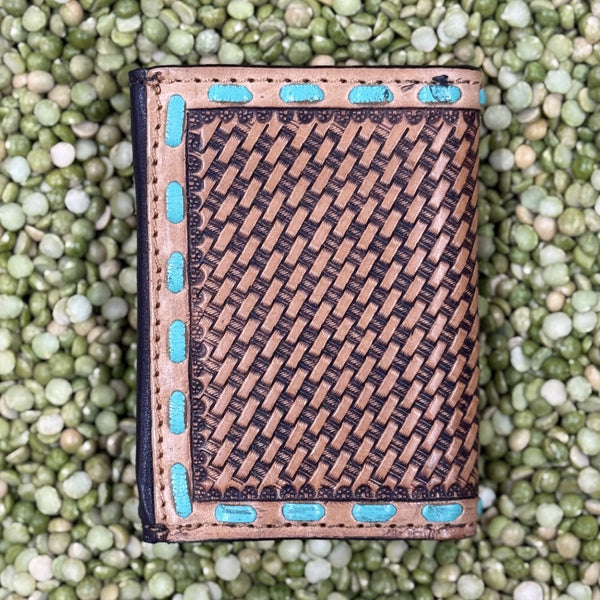 Men's Floral Tooled Turquoise Overlay Whip Stitch Trifold Wallet