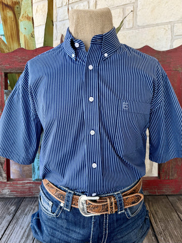 Men's navy and light blue stripe short sleeve button-up Western shirt — Blair's Western Wear Marble Falls TX