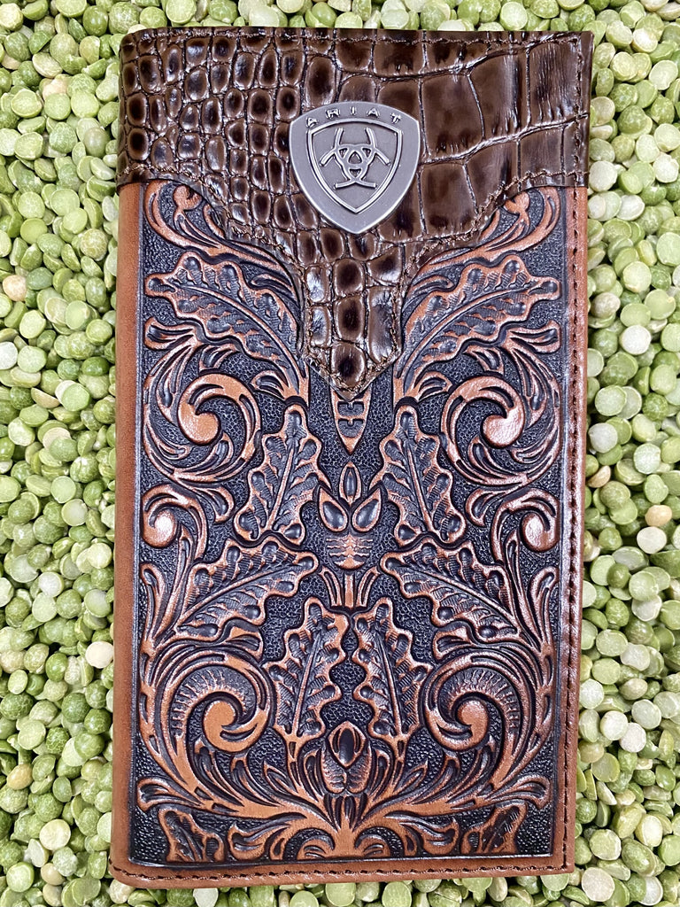 Chocolate & Tan Tooled Leather Ariat Men's Checkbook Wallet - A3516208