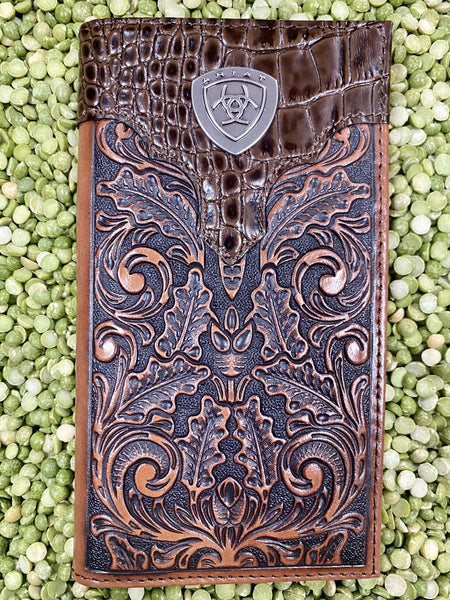 Chocolate & Tan Tooled Leather Ariat Men's Checkbook Wallet - A3516208