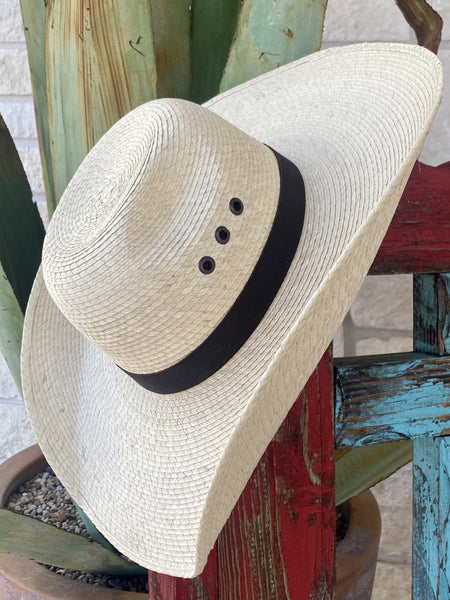 Alamo Palm Leaf Western Hat in natural color, crafted from palm leaf with a 5" wide brim for sun protection and a comfort sweatband - T65306. Available at Blair's Western Wear, Marble Falls, TX.