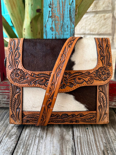 American Darling purse square flap hair-on hide in brown, crafted with genuine hair-on cowhide for unique texture, with tooled leather trim for reinforced durability - ADBGZ592A. Available at Blair's Western Wear, Marble Falls, TX.