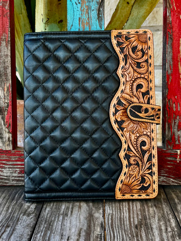 American Darling Leather Tool Portfolio in Black/Natural, quilted black leather exterior that protects documents while maintaining a refined look, with hand-tooled floral leather flap showcasing traditional Western craftsmanship - ADBG1676. Available at Blair's Western Wear, Marble Falls, TX.