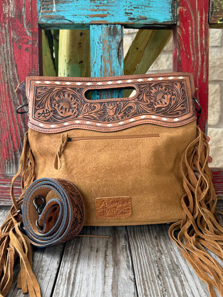 American Darling purse small tote in tan brown, hand-tooled floral leather flap for durable Western style, with suede leather body and removable tooled shoulder strap - ADBGS145DM1C. Available at Blair's Western Wear, Marble Falls, TX.