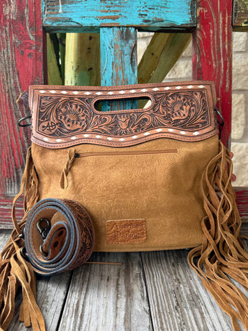 American Darling purse small tote in tan brown, hand-tooled floral leather flap for durable Western style, with suede leather body and removable tooled shoulder strap - ADBGS145DM1C. Available at Blair's Western Wear, Marble Falls, TX.