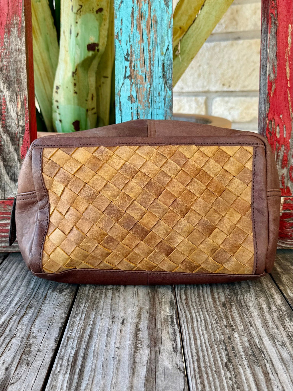 American Darling toiletry bag leather woven bag in brown, handwoven leather panel construction for durable texture, with genuine leather body that develops a rich patina over time - ADBGI130A. Available at Blair's Western Wear, Marble Falls, TX.
