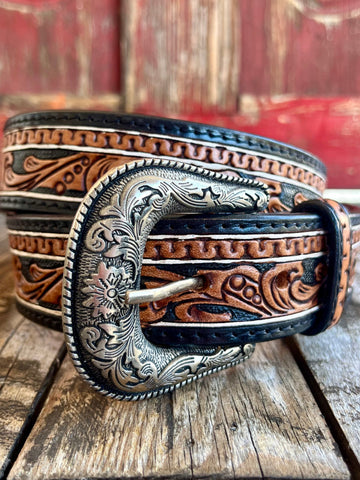 American Darling Tooled Leather Belt in brown, crafted from premium full-grain vegetable-tanned cowhide, featuring a removable buckle and intricate hand detailing - ADBLF109. Available at Blair's Western Wear, Marble Falls, TX.