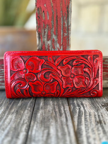 American Darling tooled snap leather wallet in red, featuring hand-tooled floral carving for long-lasting durability, with 12 card slots and secure snap closure for organized everyday carry - ADBG1269D. Available at Blair's Western Wear, Marble Falls, TX.
