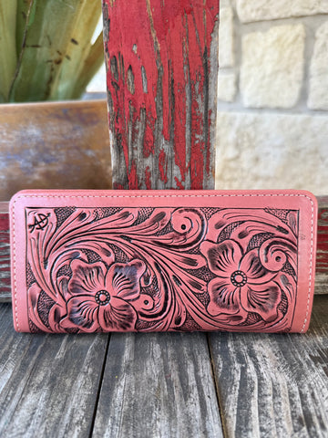 American Darling wallet snap closure Tooled Snap Wallet in pink, hand-tooled genuine leather construction that delivers long-lasting durability while developing a richer character with everyday use, with secure snap closure that keeps cash, cards, and essentials safely contained - ADBG1269J. Available at Blair's Western Wear, Marble Falls, TX.