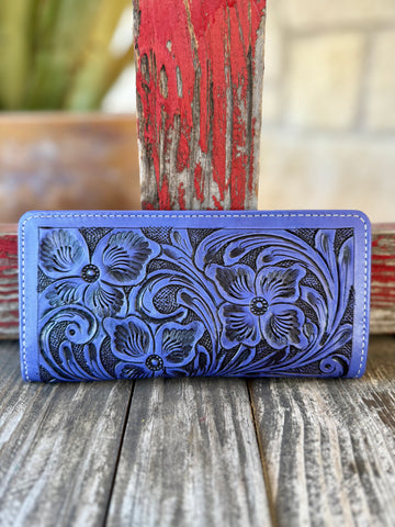 American Darling Wallet Tooled Snap Wallet in Purple, hand-tooled genuine leather exterior with bold floral carving, with multiple interior card slots for organized storage - ADBG1269I. Available at Blair's Western Wear, Marble Falls, TX.