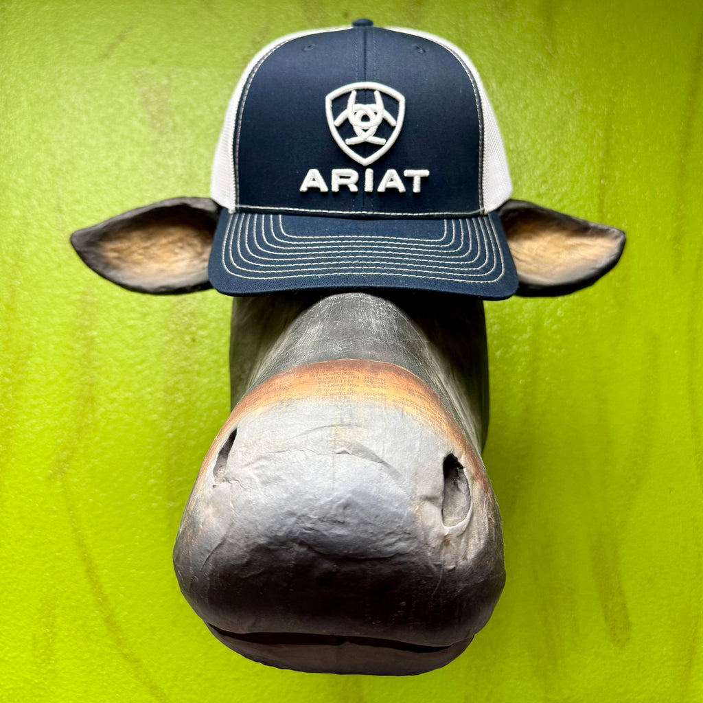 Ariat mesh logo cap in navy and white, featuring breathable mesh back, adjustable snapback closure, and bold embroidered Ariat shield logo - A300094303. Available at Blair's Western Wear, Marble Falls, TX.