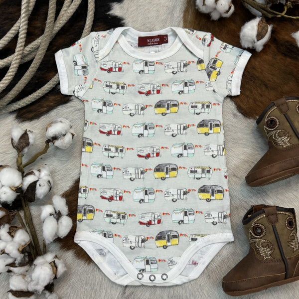 Baby's Onesie - 31127 - Gray one piece, short sleeve baby onesie with hook up trailer graphics in mint, yellow and red. Available at Blair's Western Wear located in Marble Falls, TX. 