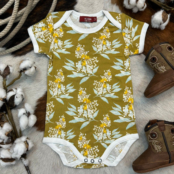 Baby's Onesie - 31139 - Green one piece, short sleeve baby onesie with golden and mint floral patterns. Available at Blair's Western Wear located in Marble Falls, TX. 