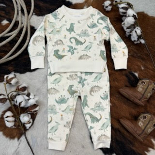 Baby's Two Piece Pajama Set in White & Green Dinosaurs - 421F2CRD - Blair's Western Wear in Marble Falls, TX 