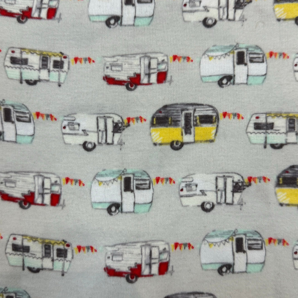 Pattern of Baby's Onesie - 31127 - Gray one piece, short sleeve baby onesie with hook up trailer graphics in mint, yellow and red. Available at Blair's Western Wear located in Marble Falls, TX. 