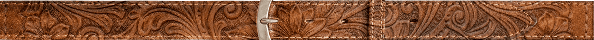 A close-up of a brown leather belt with an intricate hand-tooled floral and scroll pattern, featuring a silver metal buckle.