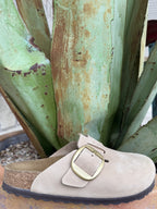 Sandcastle suede closed-toe clog with an oversized gold-tone buckle, adjustable strap, and contoured cork footbed — Blair's Western Wear Marble Falls TX