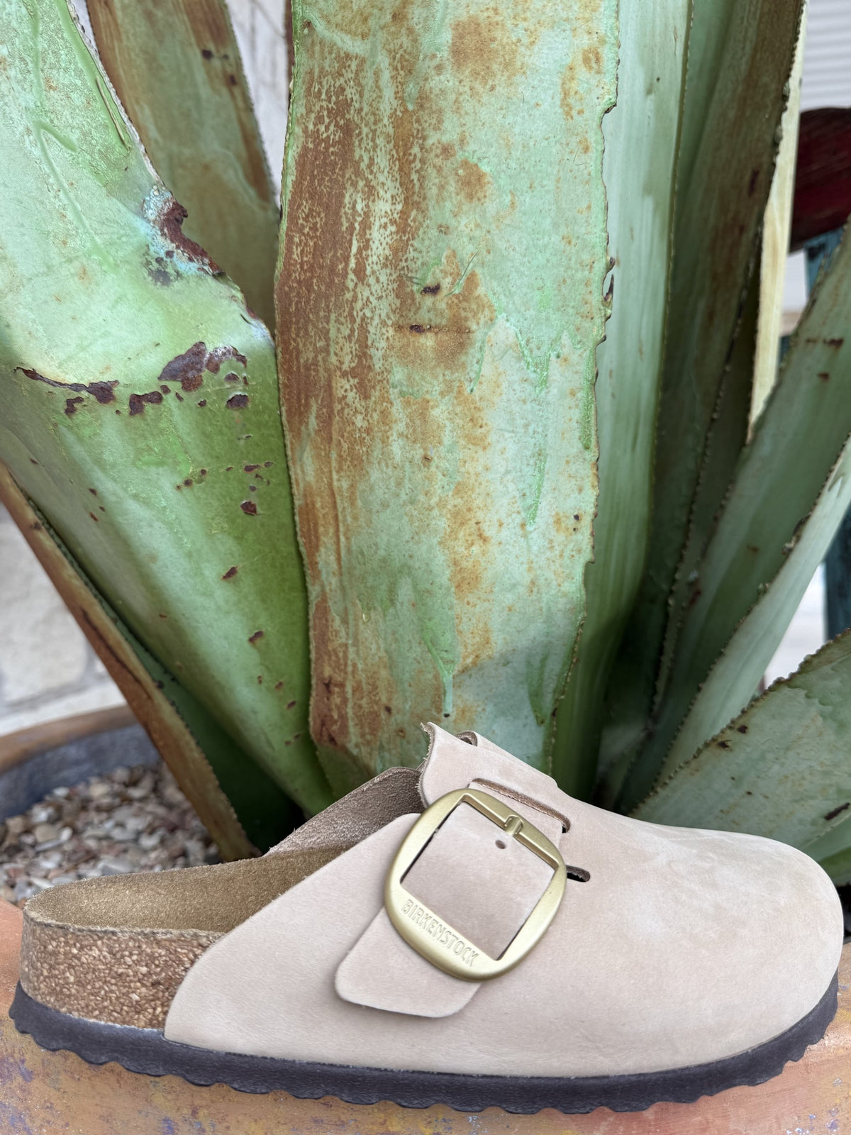 Sandcastle suede closed-toe clog with an oversized gold-tone buckle, adjustable strap, and contoured cork footbed — Blair's Western Wear Marble Falls TX