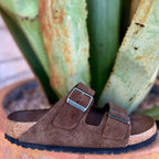 Birkenstock sandal Arizona soft footbed sandal in brown, soft nubuck leather upper provides a velvety feel that reduces friction and enhances all-day comfort, with contoured cork-latex footbed with soft footbed cushioning layer adapts to your foot shape for personalized support - 1031640. Available at Blair's Western Wear, Marble Falls, TX.